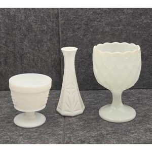 3 Piece Vtg E. O. Brody Co Vase Goblet Desert White Milk Glass Hoosier MCM